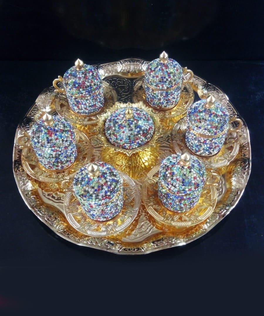 8�Li Gold Renkli Taşlı Lokumluk Kahve Fincanı Set